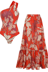 2026 Women's Elegant Botanical Print One-Shoulder Swimsuit and Long Skirt Two-Piece Set