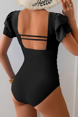 2026 Women's Ruffled Square-Neck Backless Tummy-Control One-Piece Swimsuit