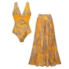 2026 Women's Pleated Floral Print V-Neck Swimsuit with Skirt Two-Piece Set