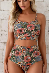 2026 Women's High-Waisted, Square-Neck, Floral-Print Bikini Swimsuit Set
