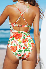 Orange Floral Print Low Cut Bodycon One Piece Shapewear Swimsuit