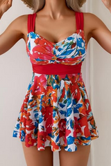 2026 Women's Off-Shoulder Printed Color Block Flowy Swimsuit