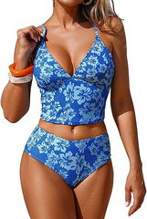 2026 Women's Cute Floral Print Camisole Swimsuit Set with High Waist and Tank Top