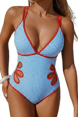 Women's Color Block V-Neck Double Shoulder Straps Petal Cutout One-Piece Swimsuit
