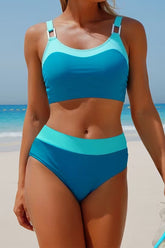 Women's Sporty Color-Blocked Bikini Set with Square Buckle Decoration