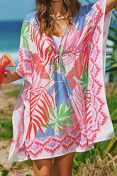 2026 Tropical Floral Print Drawstring Cover Up Dress