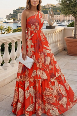 2026 Women's Elegant Botanical Print One-Shoulder Swimsuit and Long Skirt Two-Piece Set