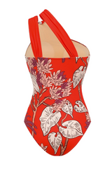 2026 Women's Elegant Botanical Print One-Shoulder Swimsuit and Long Skirt Two-Piece Set