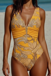 2026 Women's Pleated Floral Print V-Neck Swimsuit with Skirt Two-Piece Set