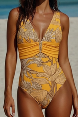 2026 Women's Pleated Floral Print V-Neck Swimsuit with Skirt Two-Piece Set