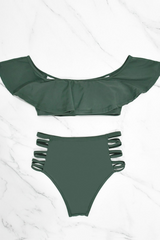 2026 Women's Solid Color Cross-Hole Off-Shoulder Ruffle Bikini Swimsuit Set
