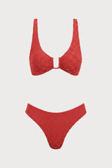 2026 Red Checkered Textured U Notch Halter Tie Bikini Two-Piece Set