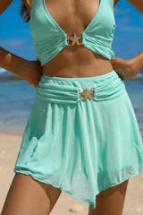 2026 Off White & Mint Green Starfish Hardware High Waist Ruched Mesh Beach Skirt