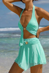 2026 Off White & Mint Green Starfish Hardware High Waist Ruched Mesh Beach Skirt