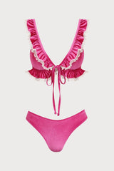 2026 Hot Pink Velvet Lace Ruffle Front Tie Halter Bikini Two-Piece Set