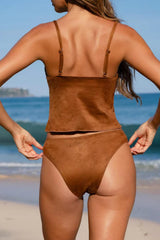 2026 Brown Suede-Effect O-Ring Cut-Out 2-Piece Tankini Set