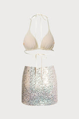 2026 Off White Sparkly Three-Piece Bikini Set