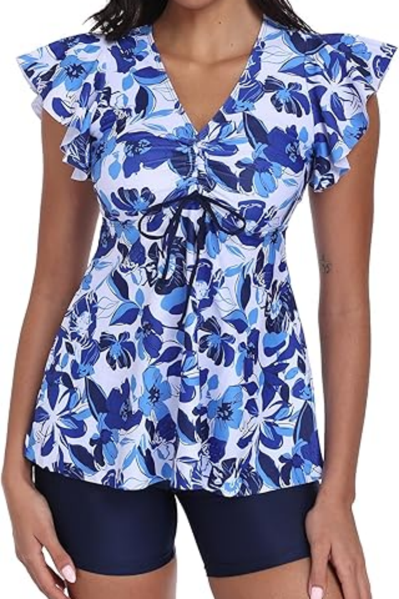 Women's Ruffled Short-Sleeve Swimsuit Dress Two-Piece Set