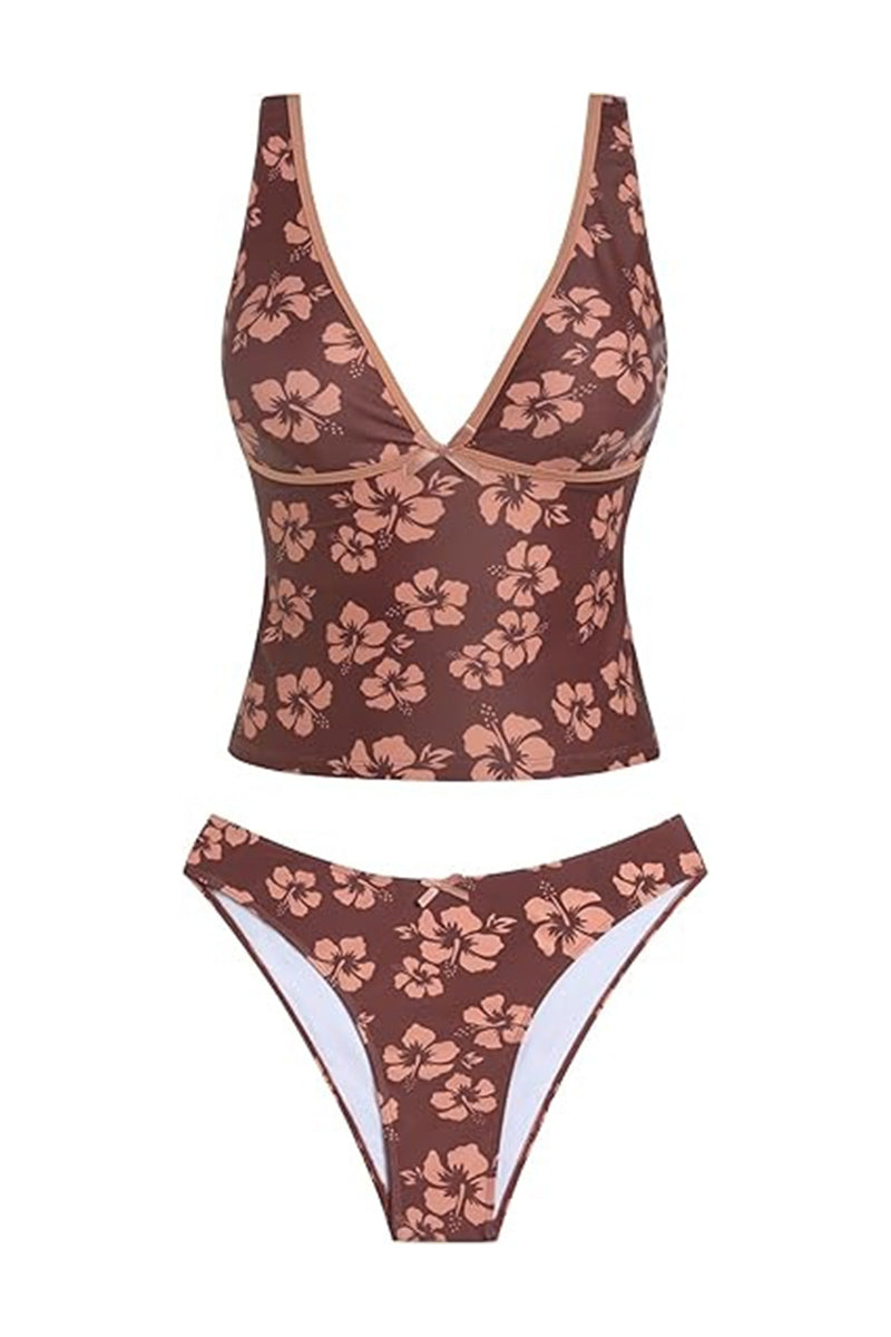2026 Women's V-Neck Printed Tummy-Control Bow Color-Blocked Tankini Set