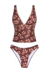 2026 Women's V-Neck Printed Tummy-Control Bow Color-Blocked Tankini Set