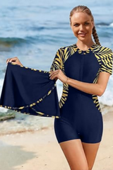 2026 Women's Two Piece Athletic Short Sleeves Surfing Zipper Boyleg One Piece Rash Guard Swimsuits + Swim Skirted