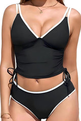 2026 Women's V-neck Drawstring Solid Color Tankini Halter Swimsuit
