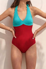 Women's Halter Neck Red And Malachite-Colored Sexy One-Piece Swimsuit