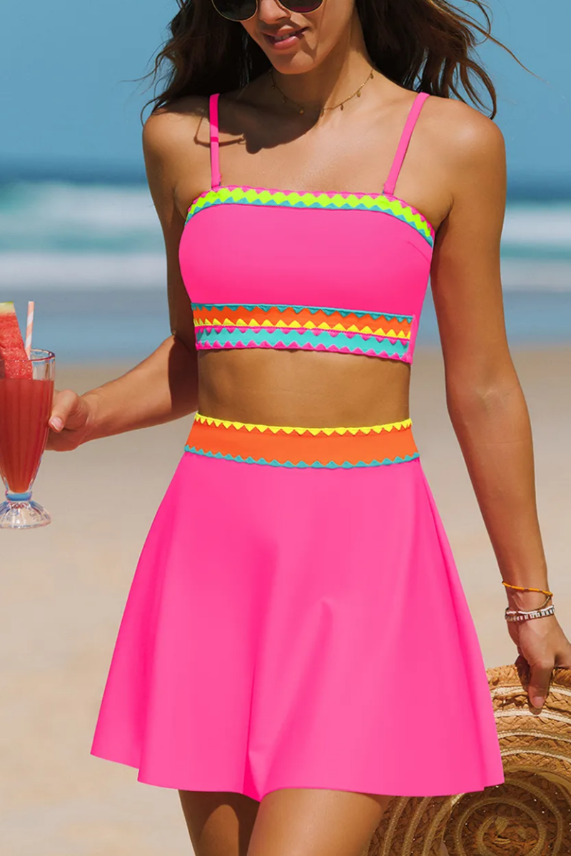 2026 Women's Color Block Trim Strapless Swimsuit with Detachable Straps, Three-Piece Set