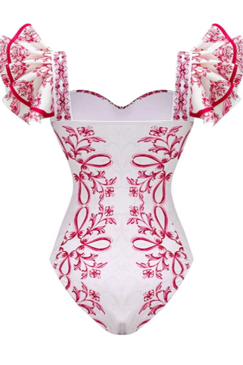 2026 Ruffled Lily-Print One-Piece Swimsuit with Skirt Set