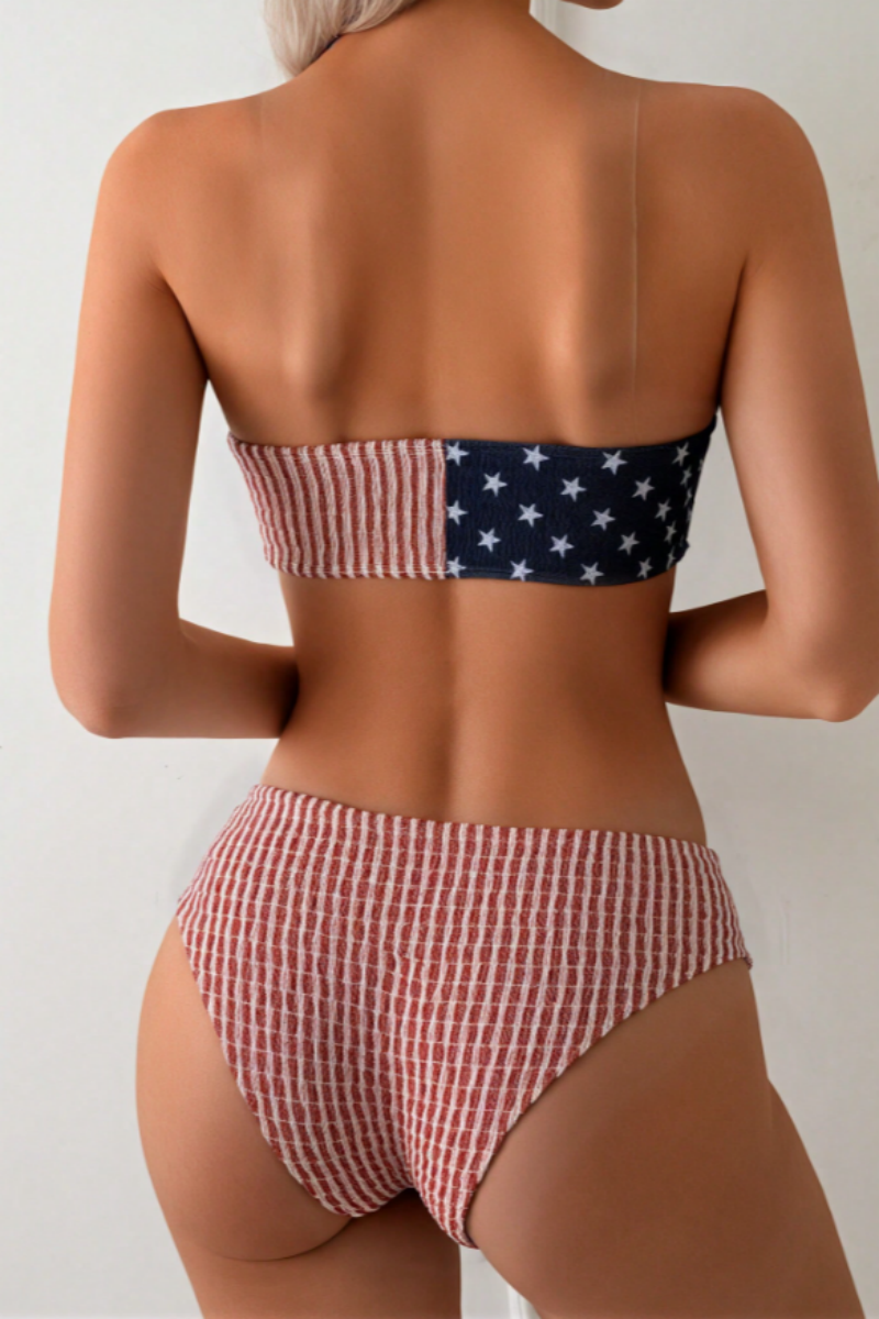 2026 Women's Red, White and Blue Star Striped Ruffled Bikini Set