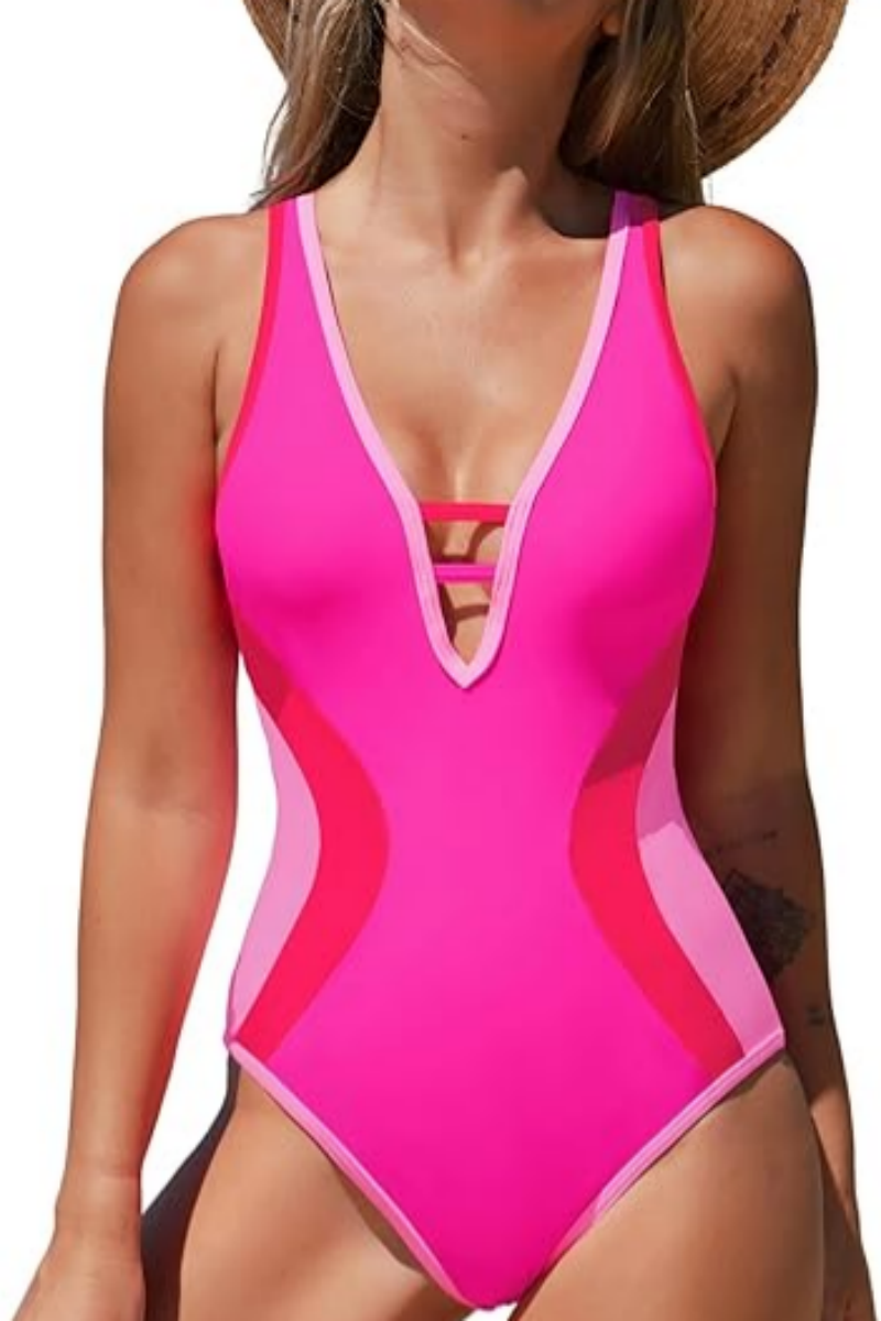Women's Deep V Neon Color Patchwork One-Piece Swimsuit