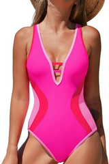 Women's Deep V Neon Color Patchwork One-Piece Swimsuit