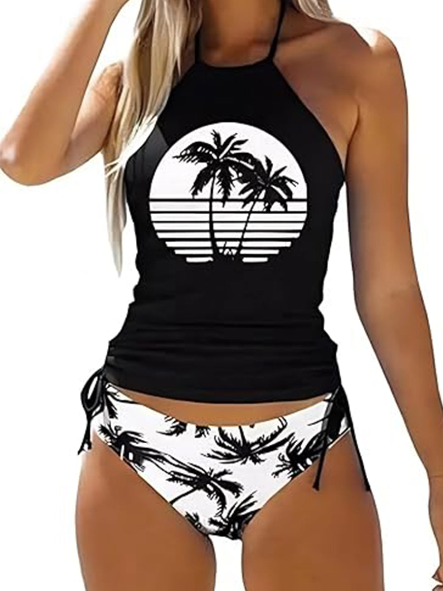 2026 Black Top with White Palm Print Halter Tankini with Side Tie Bikini Bottom Two-Piece Swimsuit