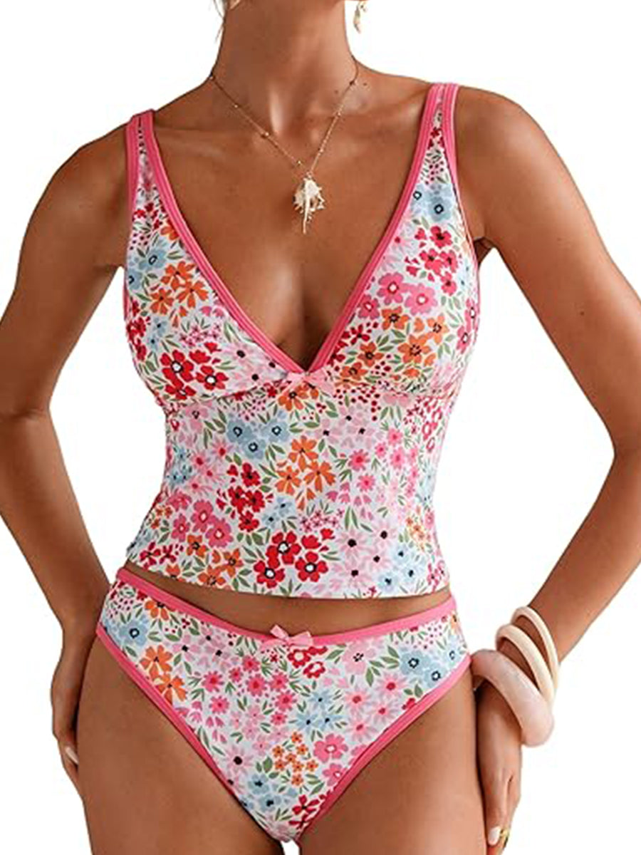2026 Pink Multicolor Floral Print V-Neck Tankini with Mid Rise Bikini Bottom Two-Piece Swimsuit