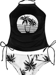 2026 Black Top with White Palm Print Halter Tankini with Side Tie Bikini Bottom Two-Piece Swimsuit