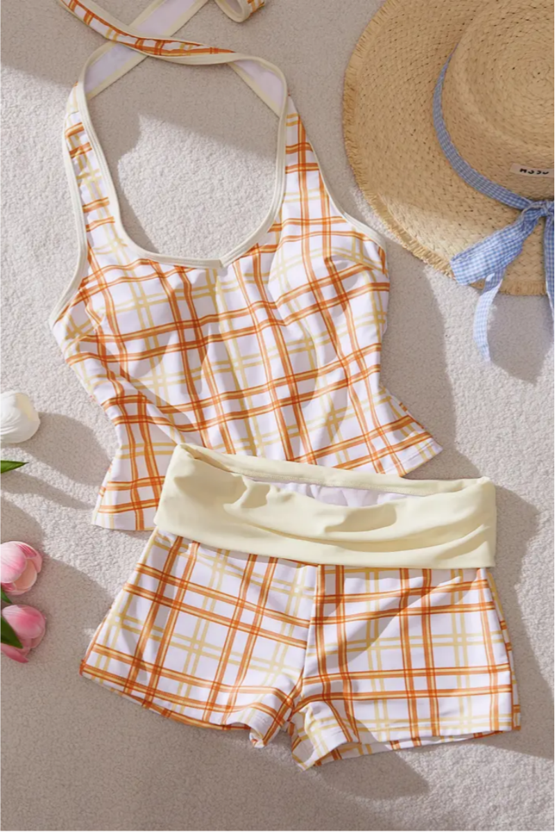 2026 Women's Sporty Beige Plaid Two-Piece Swimsuit
