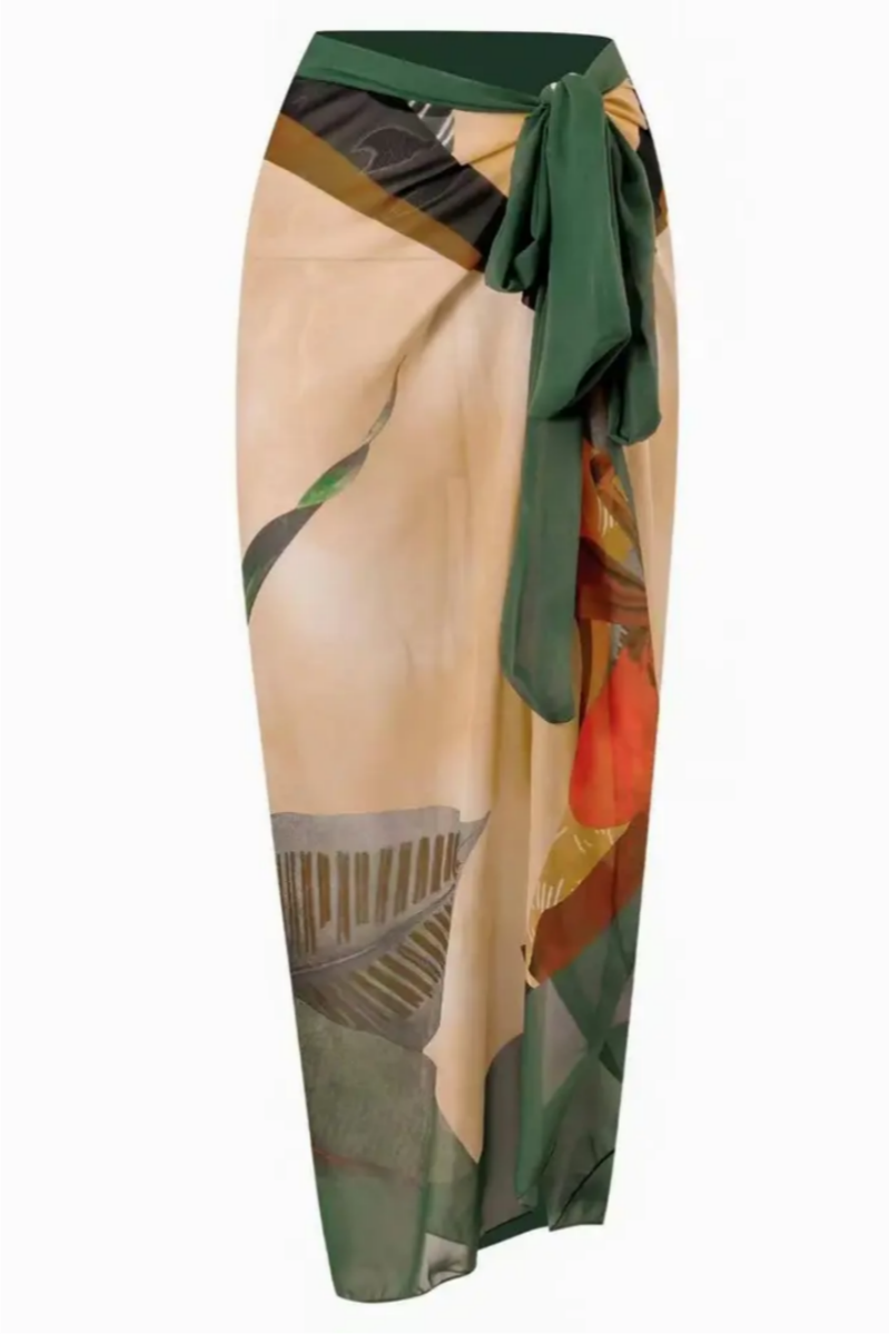 2026 Women's Ruffled Backless Tropical Print Bodycon Swimsuit and Tie-Waist Skirt Set