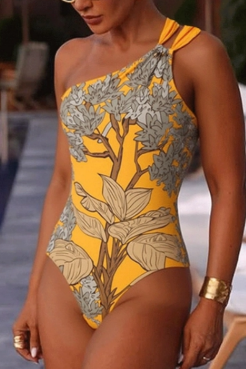 2026 Women's Yellow Printed One-Shoulder Swimsuit and Skirt Two-Piece Set