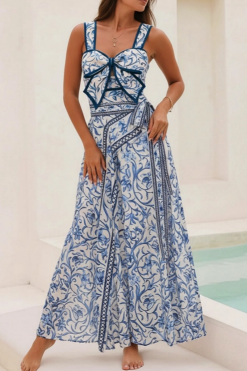 2026 Bow-accented Lily-print Swimsuit and Skirt Set