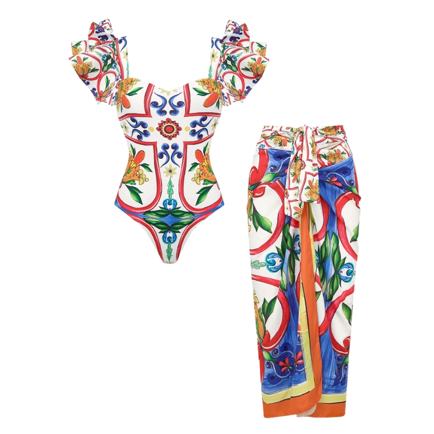 2026 Women's Ruffled Vintage Print One-Piece Swimsuit with Skirt (2-Piece Set)