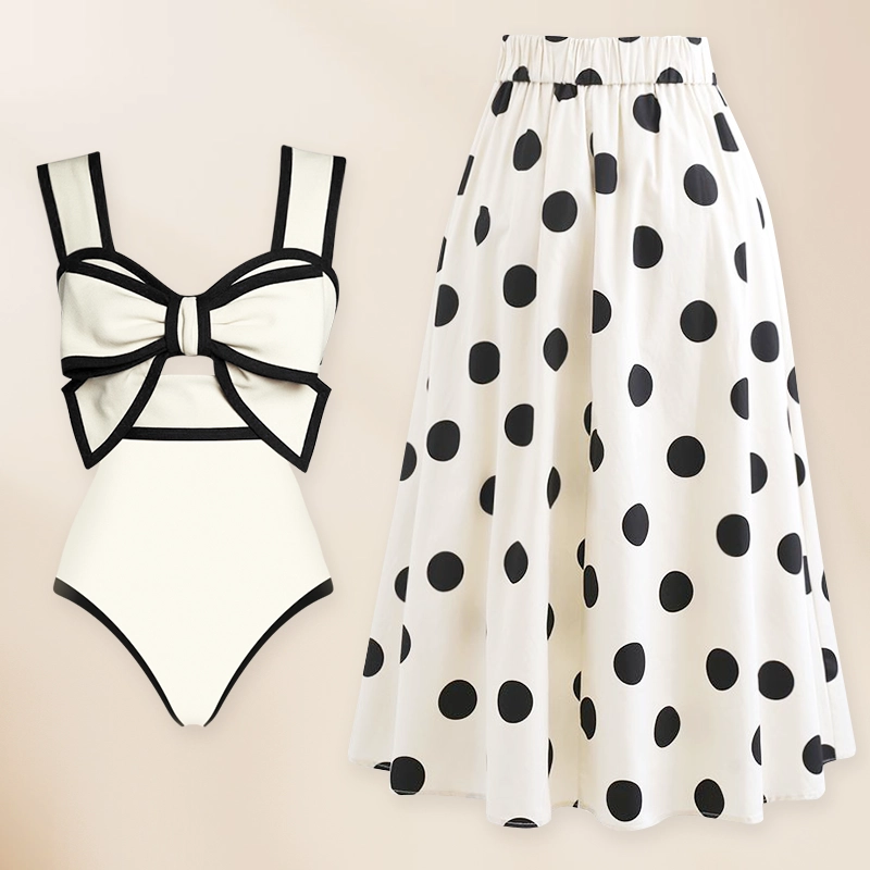 2026 Black and White Color-block Bow-detail One-piece Swimsuit with a Skirt