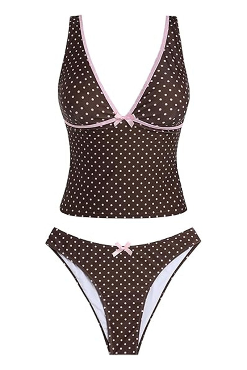 2026 Women's V-Neck Bow Color-Blocked Tank Top Swimsuit