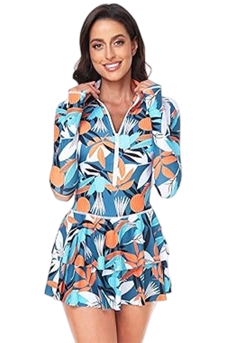2026 Women's One-Piece Long-Sleeved Conservative Printed Swim Dress