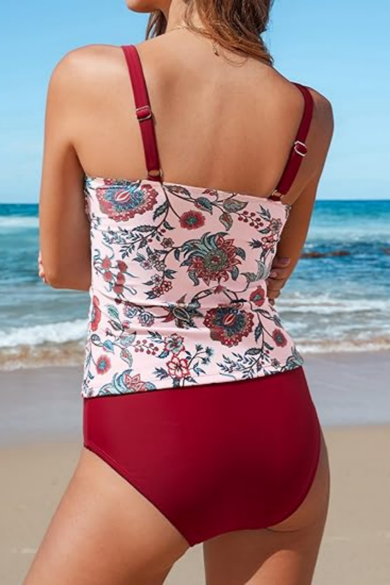 2026 Women's Printed Retro Square Neck Camisole Tankini Two-Piece Set