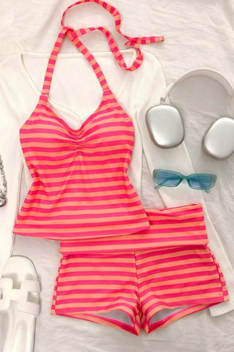 2026 Women's elegant and sexy striped print cropped halter swimsuit set