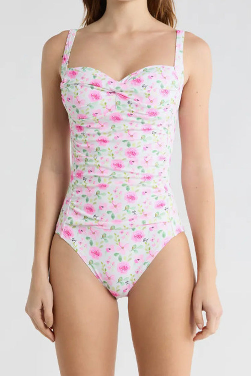 Women's Rose Print Pleated One-Piece Swimsuit