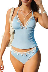 2026 Women's Shell-Embellished Cute Strappy Triangle Backless Tankini Set