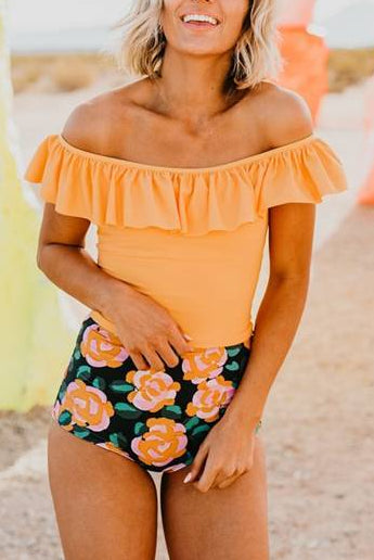 Yellow Off Shoulder Ruffled Top With Floral Bottoms