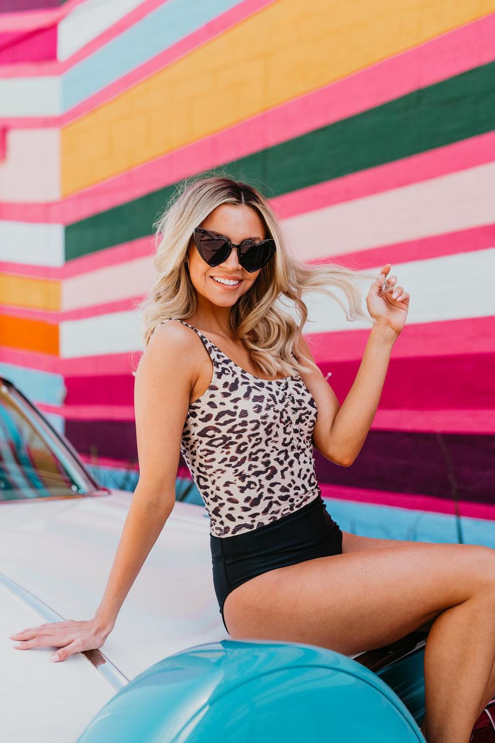 HIGH WAIST BUTTON FRONT TANKINI SET IN TEXTURED LEOPARD
