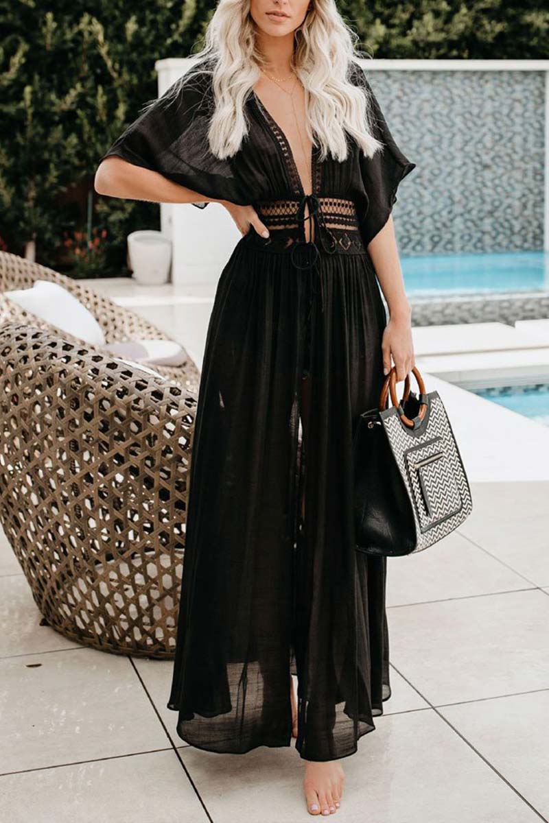 Boho Elbow Sleeve Crochet Trim Maxi Cover Up
